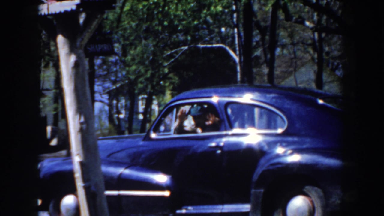 Blue vintage sedan beside trees with occupants visible through the side window.