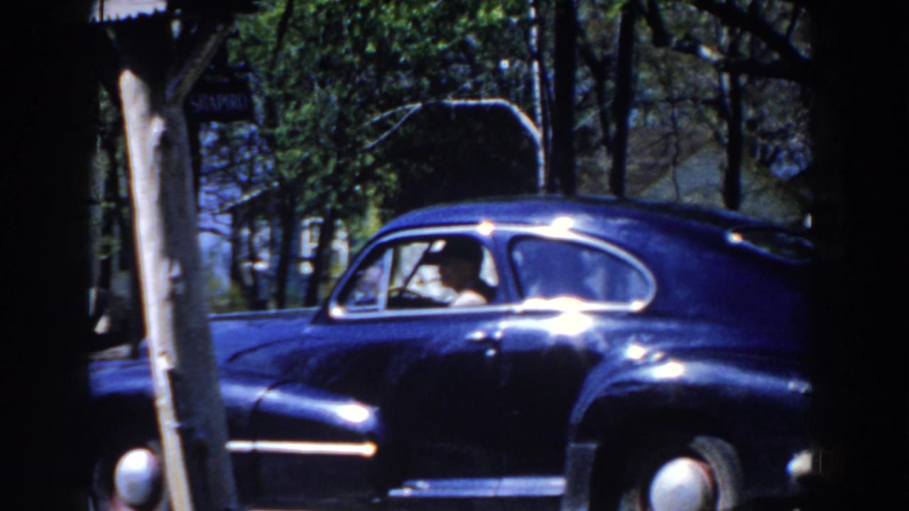 Classic sedan beside a pale utility pole with sunlight on the roof and door.