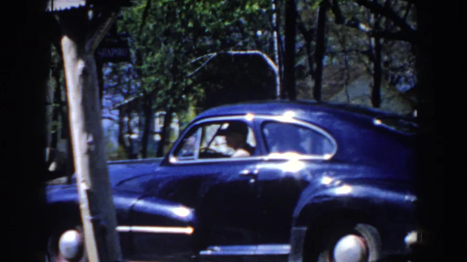 The dark blue sedan continues along the Michigan street, partly obscured by a pale pole and tree shadows, with the driver inside.