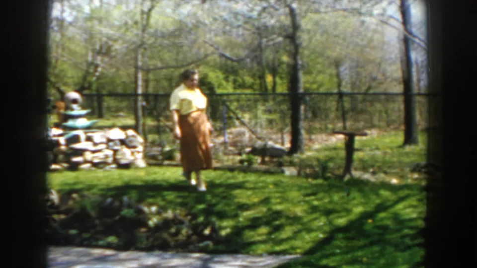 A woman stands in a Michigan yard wearing a yellow top and brown skirt, with trees, a fence, and garden stones behind her.