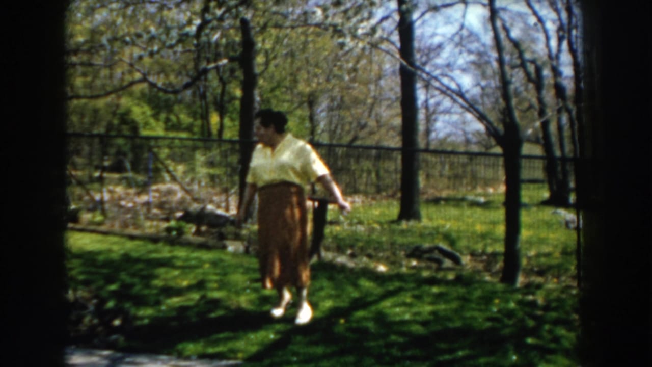 Woman walking across a sunlit lawn beside garden beds and a fence.