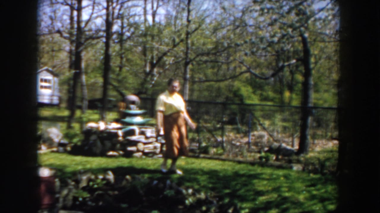 Woman in a yellow blouse and brown skirt stands on a sunlit lawn near a stone fountain and wire fence.