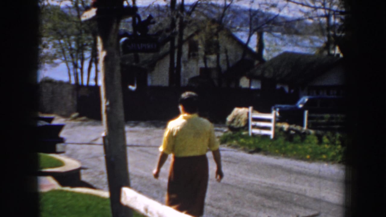 In 1959 Michigan home-movie footage, a woman walks away on a quiet street with houses, trees, a signpost, and lake water beyond.