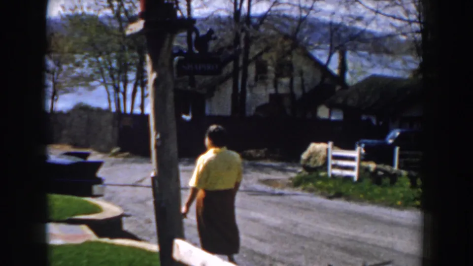 The woman continues down the Michigan residential street, with a dark signpost, white fence, parked car, houses, and lake visible behind her.