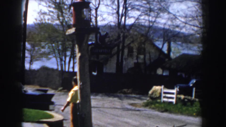 A stationary 8mm view shows the woman partly at frame edge as she walks along a quiet Michigan street near trees, houses, parked cars, and water.