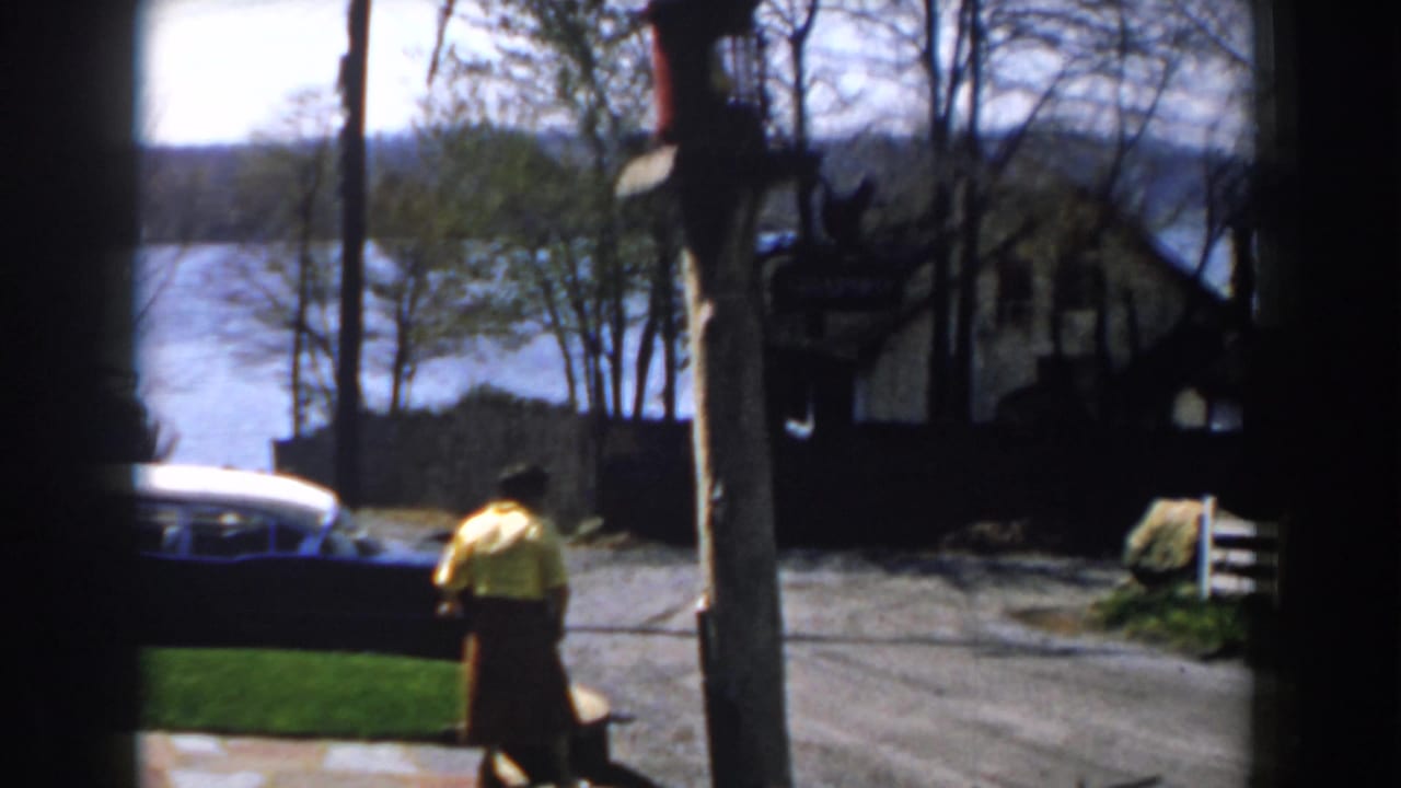 1959 Michigan 8mm frame showing a woman in a yellow shirt and red skirt near a lawn, parked car, signpost, trees, and water beyond the road.