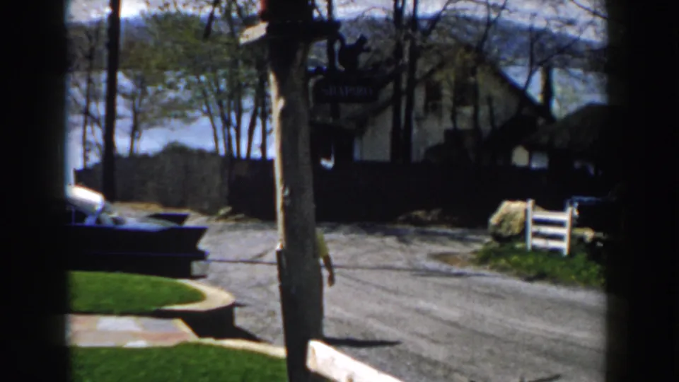 1959 Michigan 8mm frame where the woman is partly hidden behind a foreground pole while a parked car, sign, road, lawn, trees, and water remain visible.