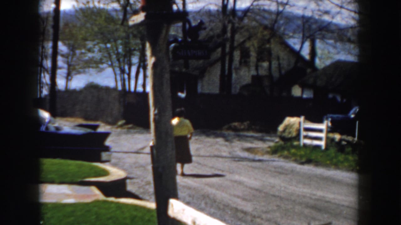 Older woman continues along the road beside a window frame, with trees, a house, and water behind her.