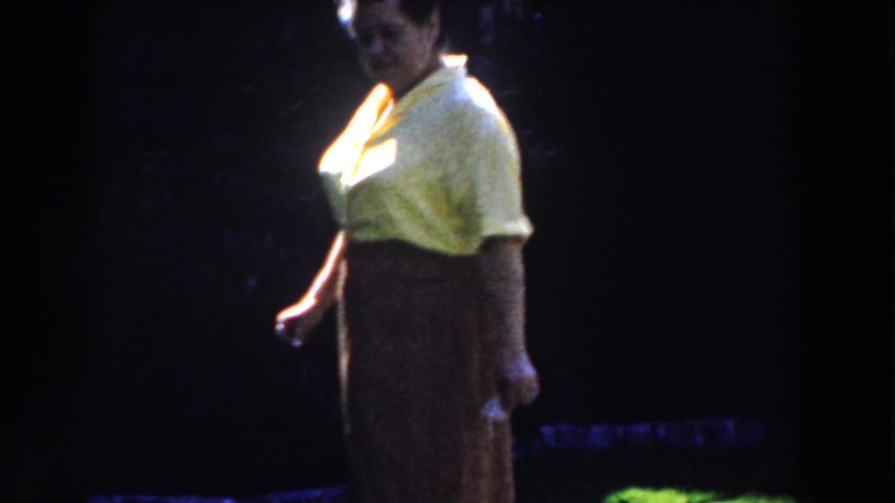 Woman in a yellow blouse and brown skirt stands in a dark yard.