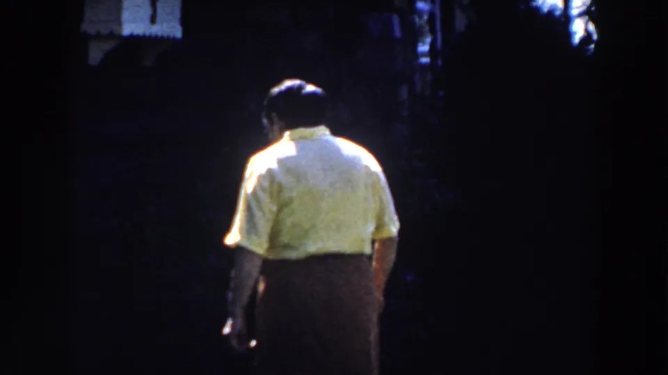 Adult woman in a pale blouse and brown skirt walks away through a dark yard in the Michigan home-movie scene.