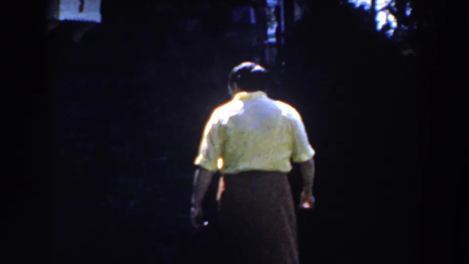Adult woman viewed from behind crosses a dim lawn, her light blouse standing out against the dark background.