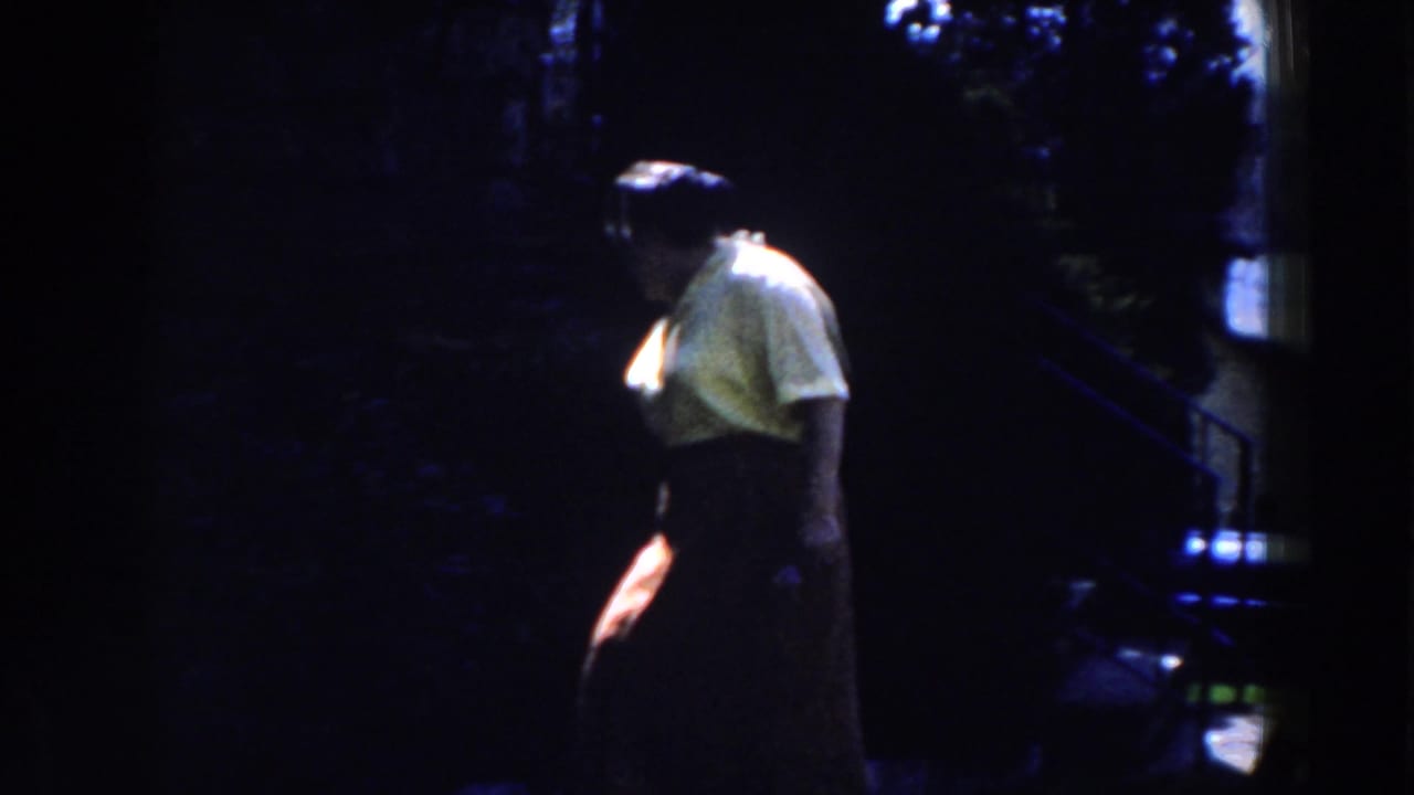 Adult woman in a yellow shirt stands in deep shade near hedges.