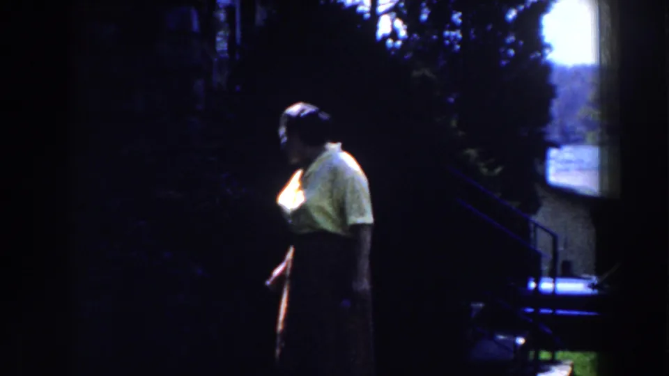 Adult woman in a yellow shirt appears in profile near dark hedges in a shaded Michigan outdoor setting.