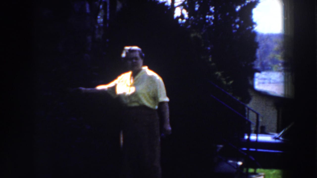 Woman in a yellow blouse points outdoors in a shaded wooded area.