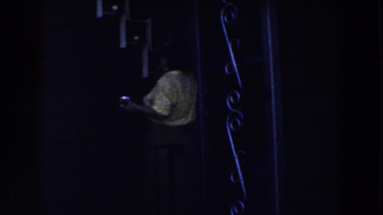 1959 Michigan home-movie frame with a woman facing a wall cupboard near ornate wrought-iron interior detail.