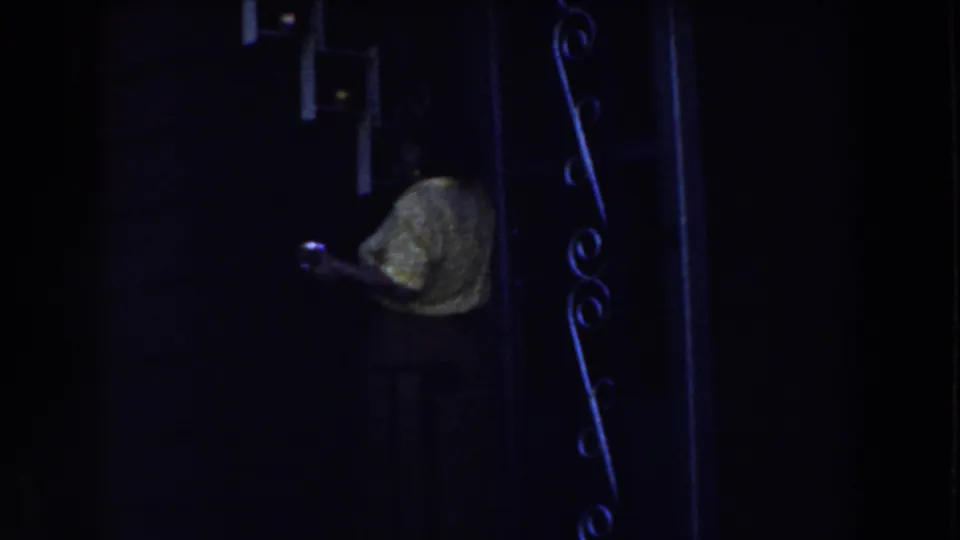 1959 Michigan home-movie frame with a woman facing a wall cupboard near ornate wrought-iron interior detail.