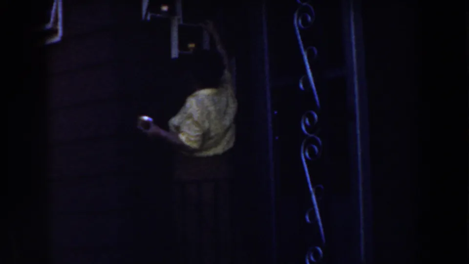 1959 Michigan 8mm frame showing the woman reaching high toward a small wall cabinet in a shadowed domestic interior.