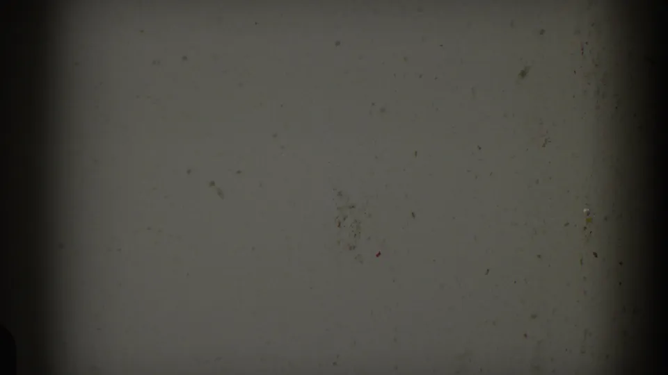 A gray, speckled 8mm frame appears after the doorway scene, with dark edge falloff and visible dust or grain from the film scan.