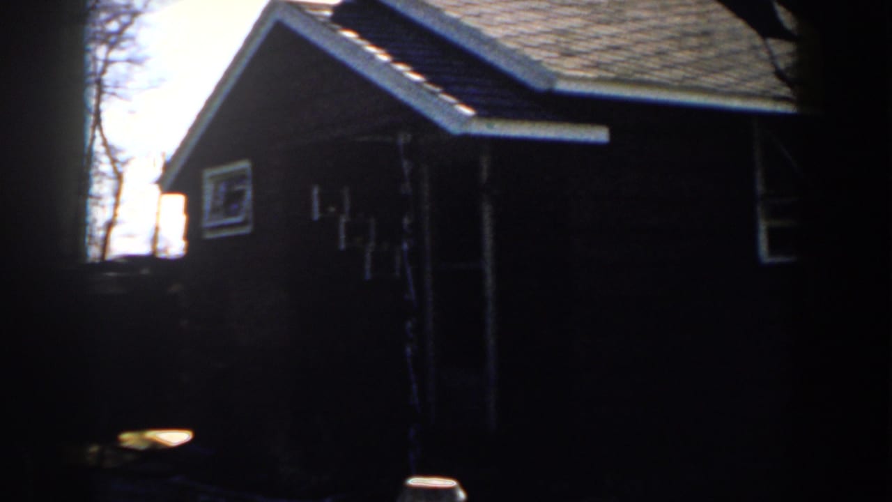 Dark brown house exterior with white trim and roof eaves against a bright sky.