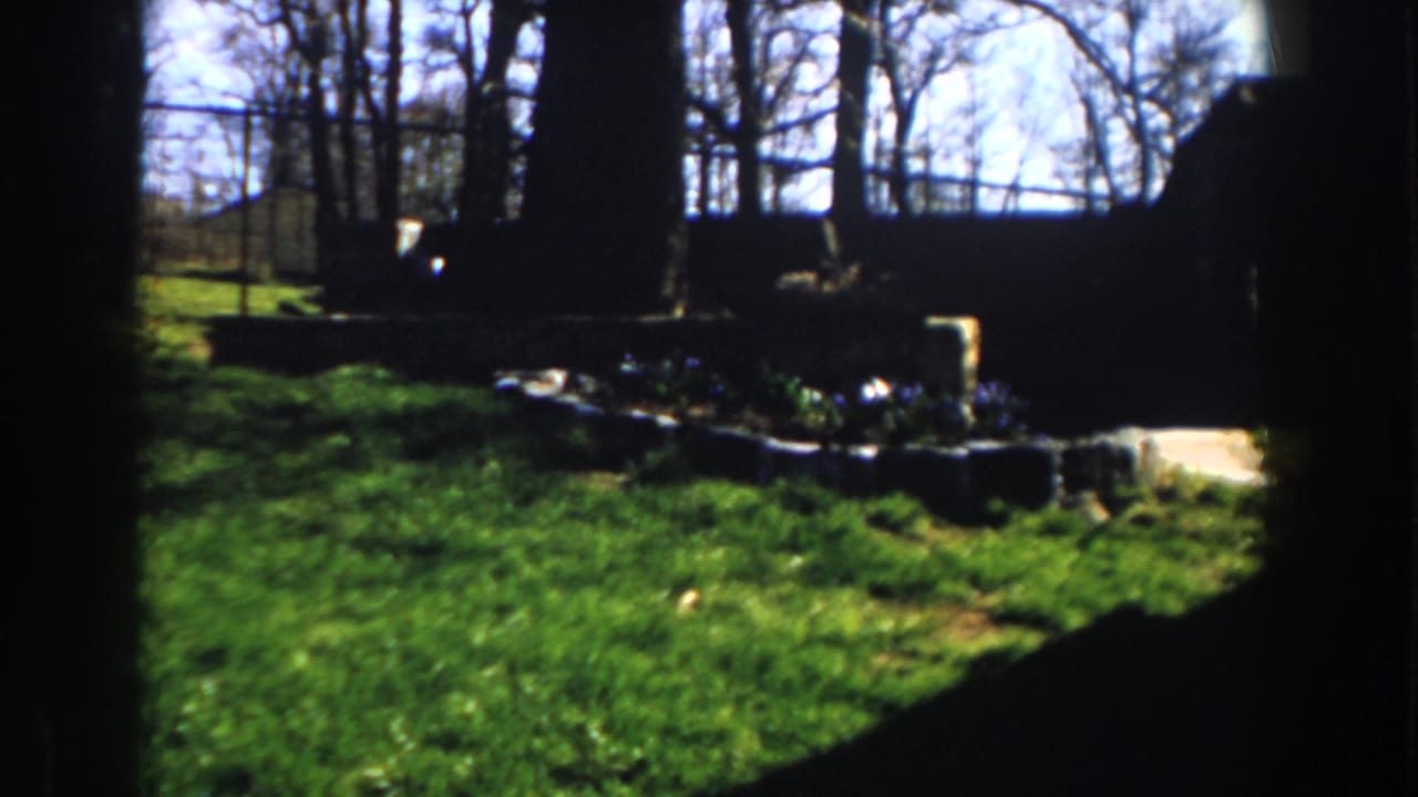 1959 Michigan home-movie frame showing a green yard, low stone garden border, bare trees, and a bright spring sky.