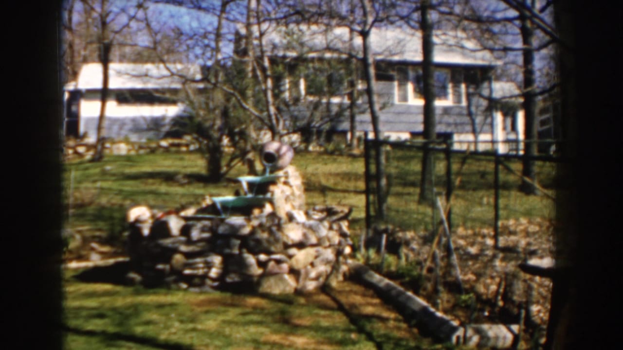 1959 Michigan backyard view with a stone pond feature, ceramic spout, chain-link fence, logs, and blue house beyond.