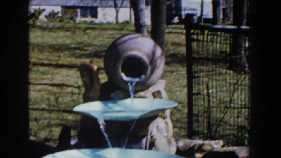 1959 Michigan home-movie frame with a close view of the ceramic jug spout and light-blue basin in a fenced garden.