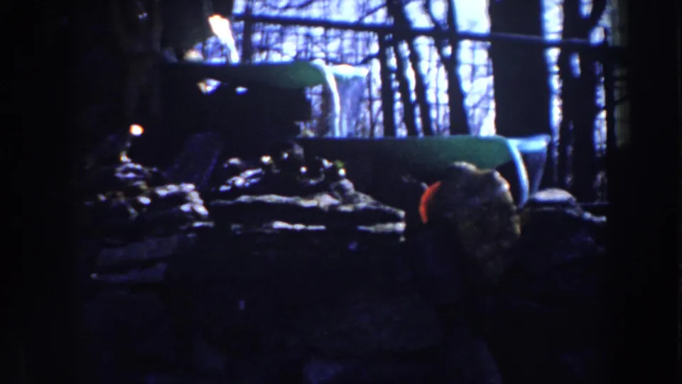 1959 Michigan home-movie frame of the park fountain from a low-light viewpoint, with rocks, fence rails and leafless trees visible.