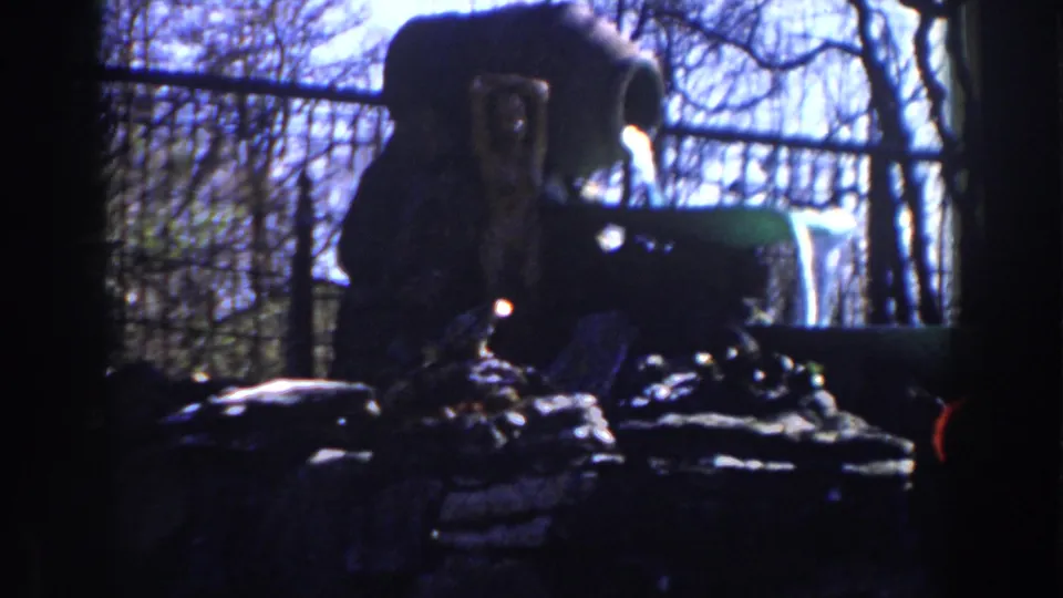 1959 Michigan home-movie frame showing a shadowed backyard fountain, rock border, bare trees, and chain-link fence.