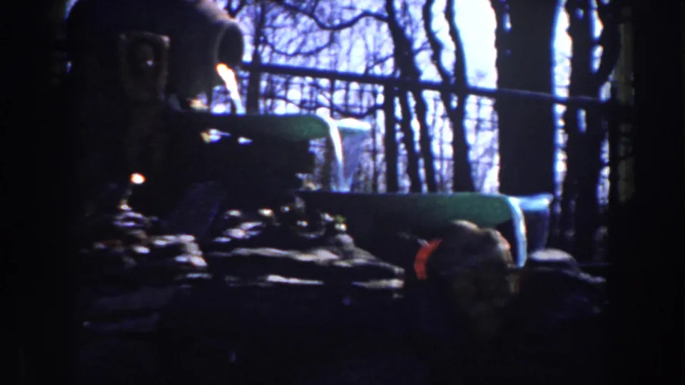 1959 Michigan frame with a dim backyard water feature, surrounding rocks, bare trees, and fence line.
