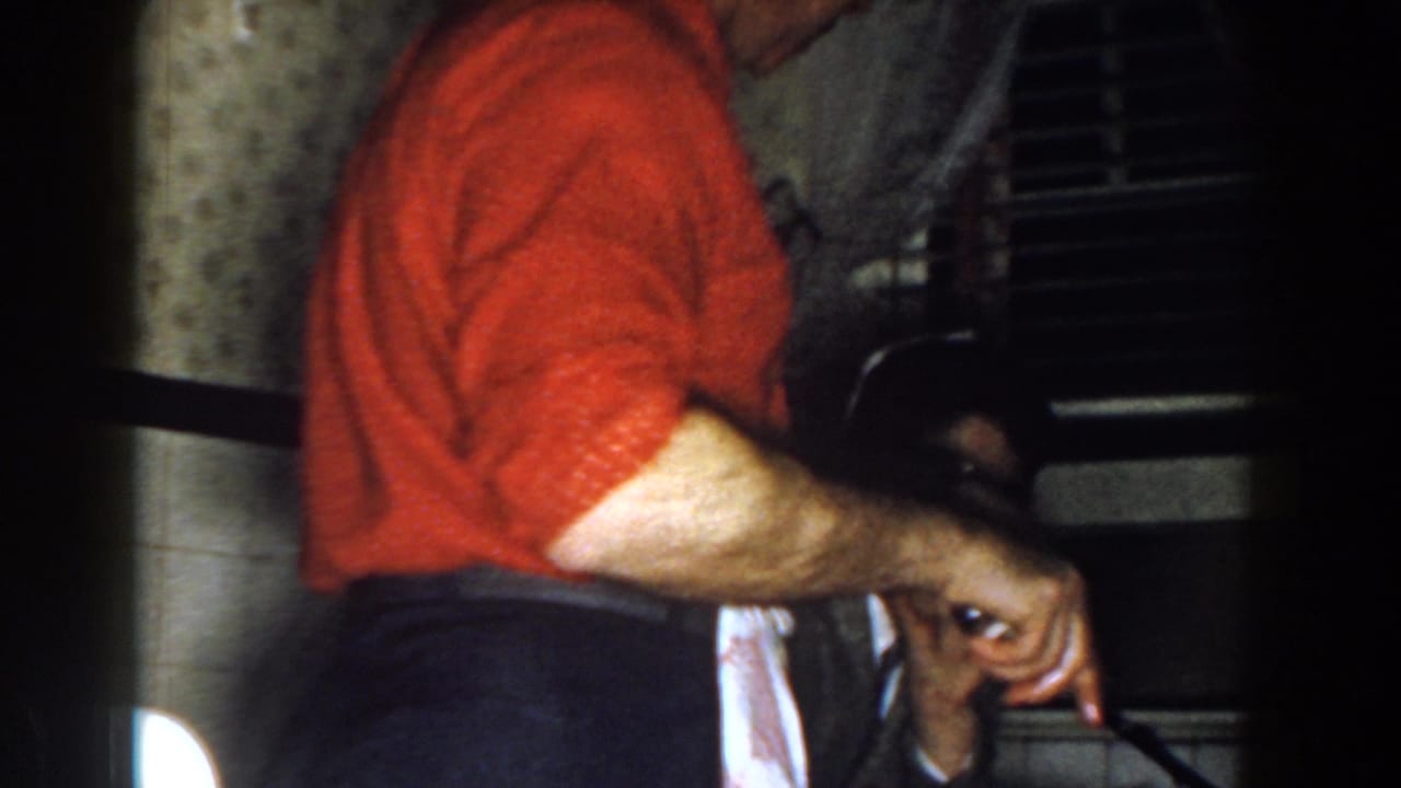 Man in a red shirt and apron stands beside a seated diner in a dark kitchen.