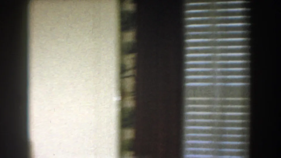 The final 1959 Michigan interior frame holds on a bright wall, dark trim, and venetian blinds after the man has mostly left view.