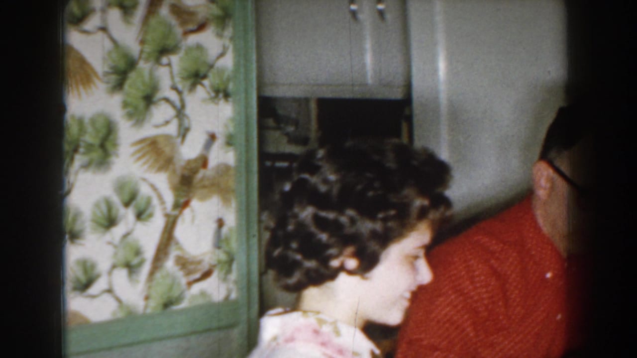 A woman with a curled 1950s hairstyle stands beside a man in red near white cabinets and floral wallpaper in the Michigan home.