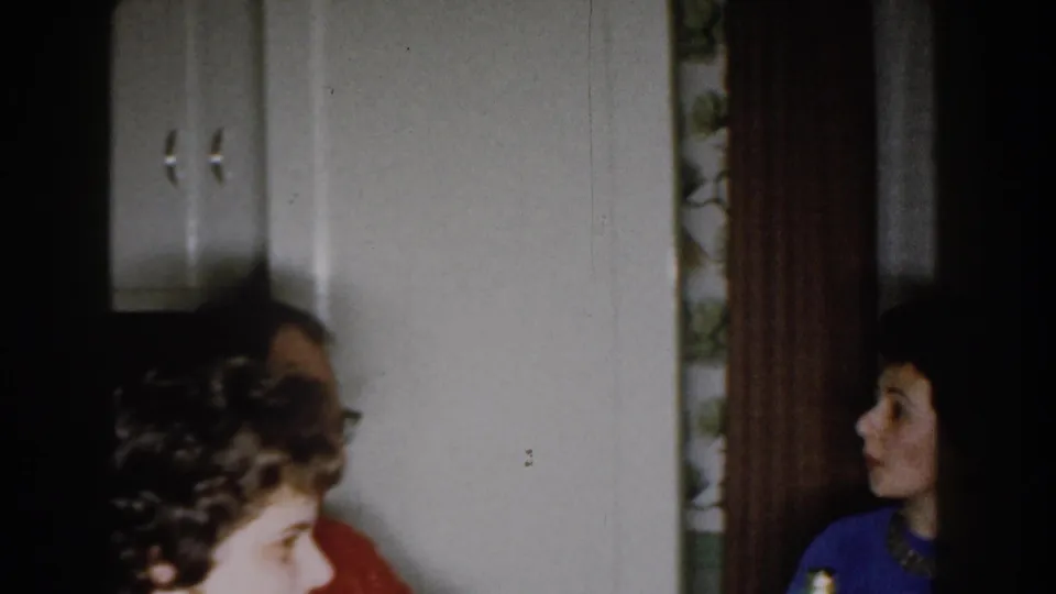 A woman in blue appears at the right edge while other adults stand near white cabinets, curtains, and floral wallpaper in a Michigan home interior.