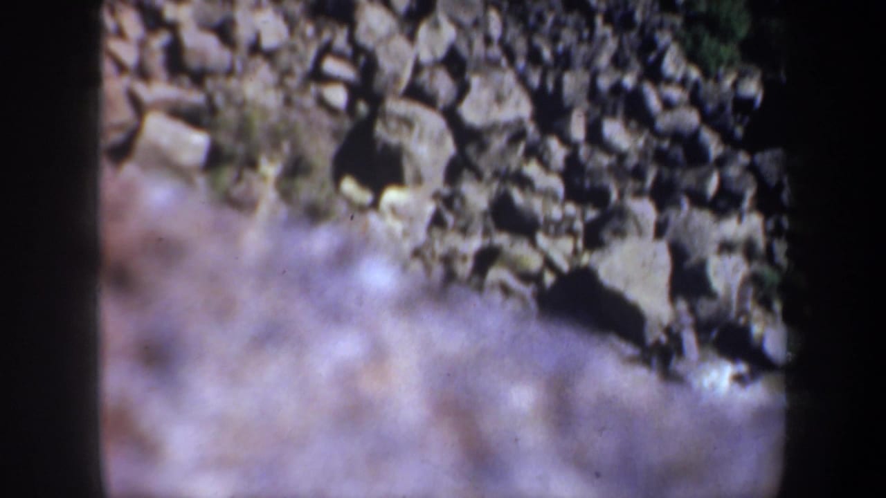Rocky bank above blurred rushing water in the foreground.