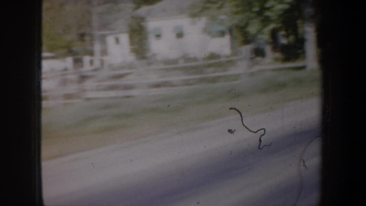 1957 Oregon road-view frame with a low light-colored building, fencing, trees, and road blur through the vehicle window.