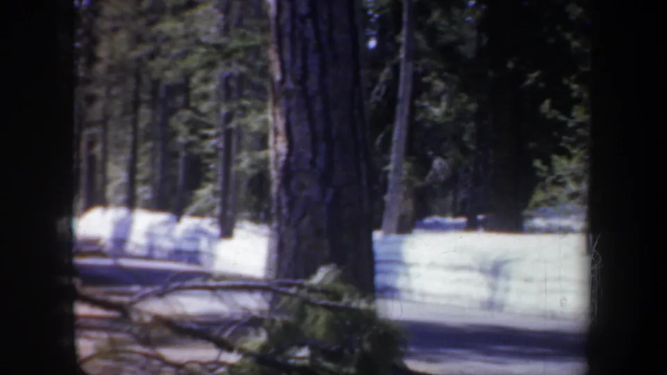 A snowy Oregon wooded lakeside or park area appears in soft-focus 1957 home-movie footage.
