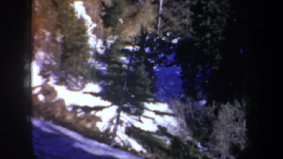1957 Oregon 8mm frame showing snow-dusted ground, pine trees, and a sloping forest scene in bright light.