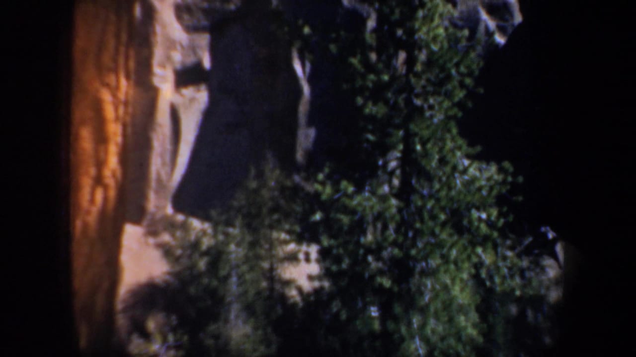 1957 Oregon 8mm frame with a shadowed rock wall, evergreen trees, and dense brush in a dark outdoor view.