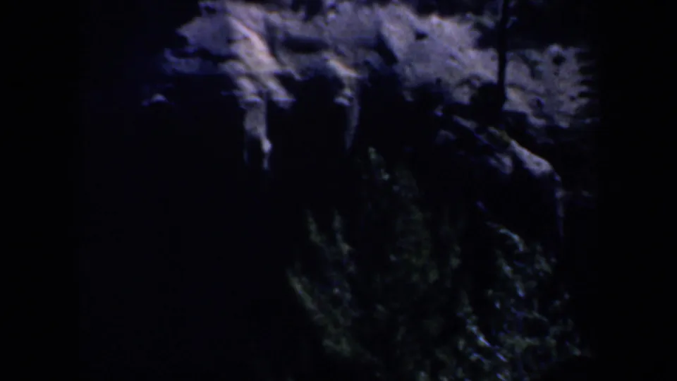 1957 Oregon 8mm still of a rough grey rock surface in deep shade with small patches of green forest vegetation.