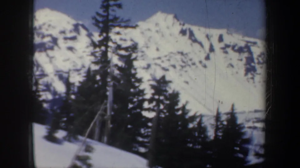 1957 Oregon 8mm frame with tall evergreen trees in the foreground and bright snowy peaks beyond.