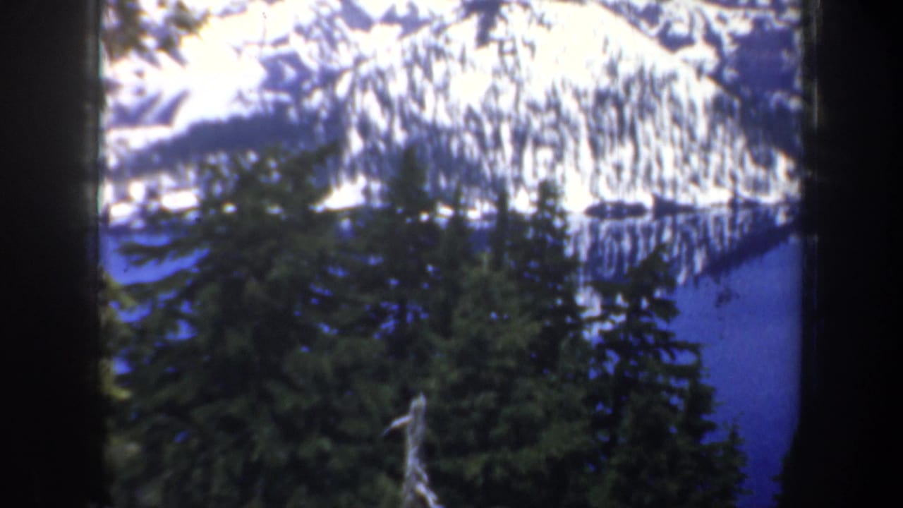 Snowy mountain and blue lake partly framed by dark evergreen trees.