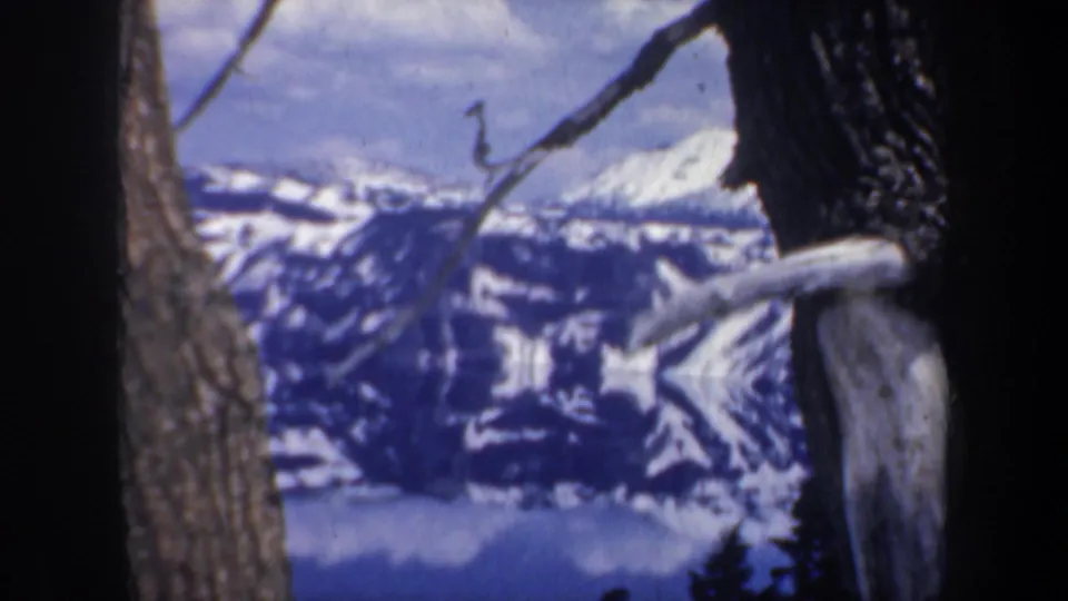 1957 Oregon 8mm frame showing a snowy mountain panorama beyond tree trunks and bare branches, with forested slopes below.