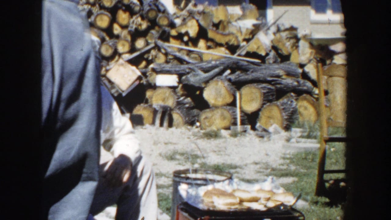 A standing adult passes close to the camera, partly blocking the view of the seated man, backyard grill, and stacked firewood.