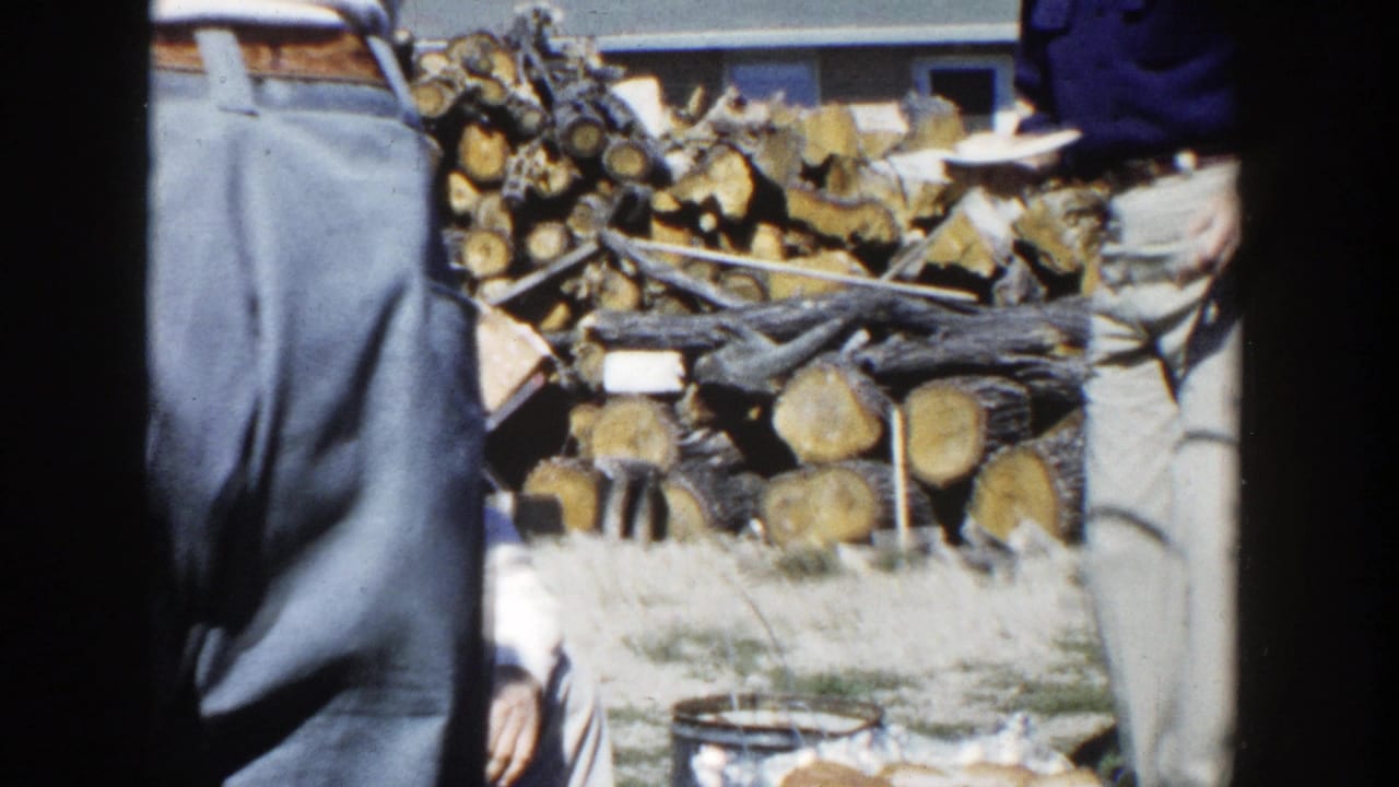 Two partial adult figures stand near the camera while the backyard grill, seated man, and stacked firewood remain visible in the yard.