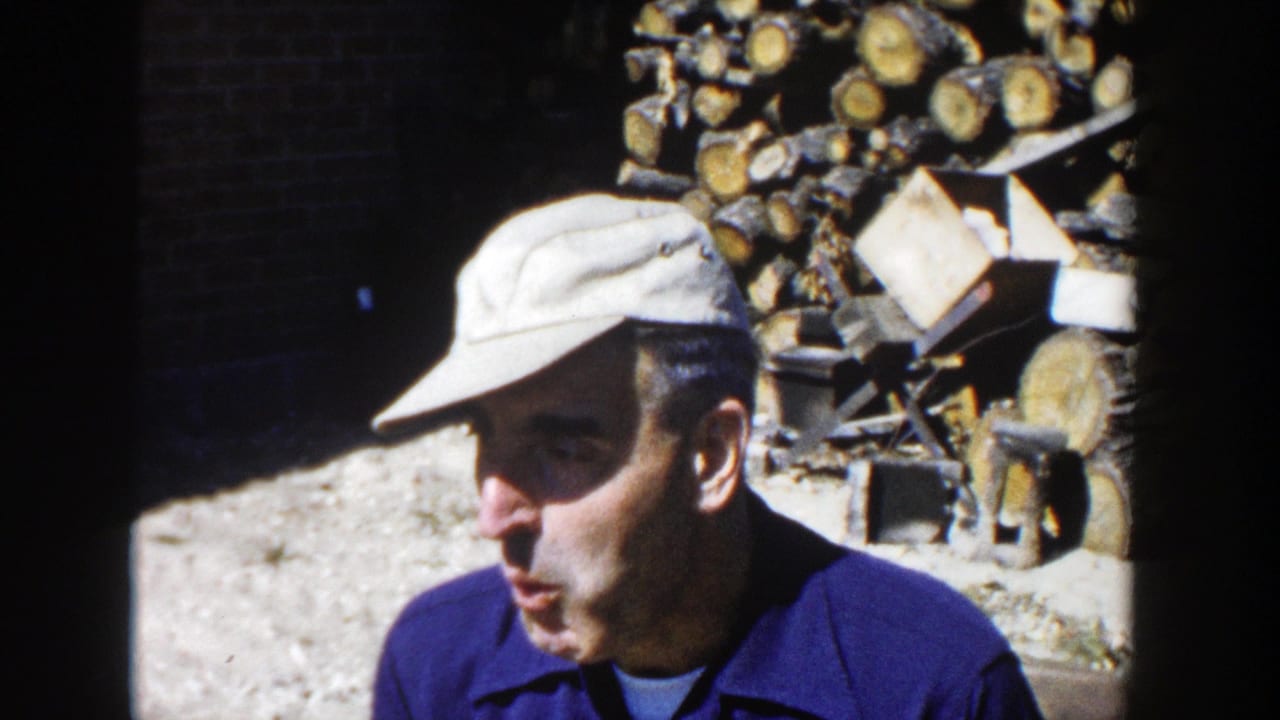 The man in a light cap appears to speak off-camera in a sunlit Wisconsin outdoor scene with chopped firewood behind him.