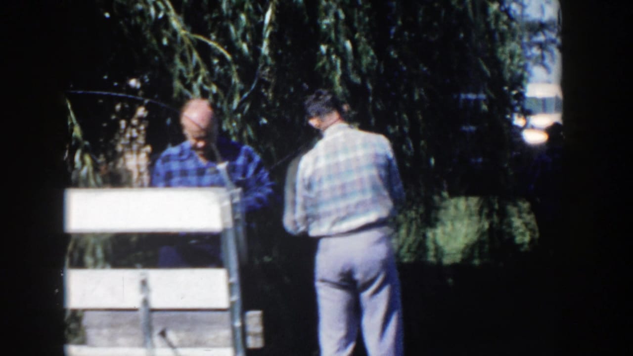 Two adult men stand close to pale boards or boxes beneath willow branches in a 1958 Wisconsin home-movie frame.