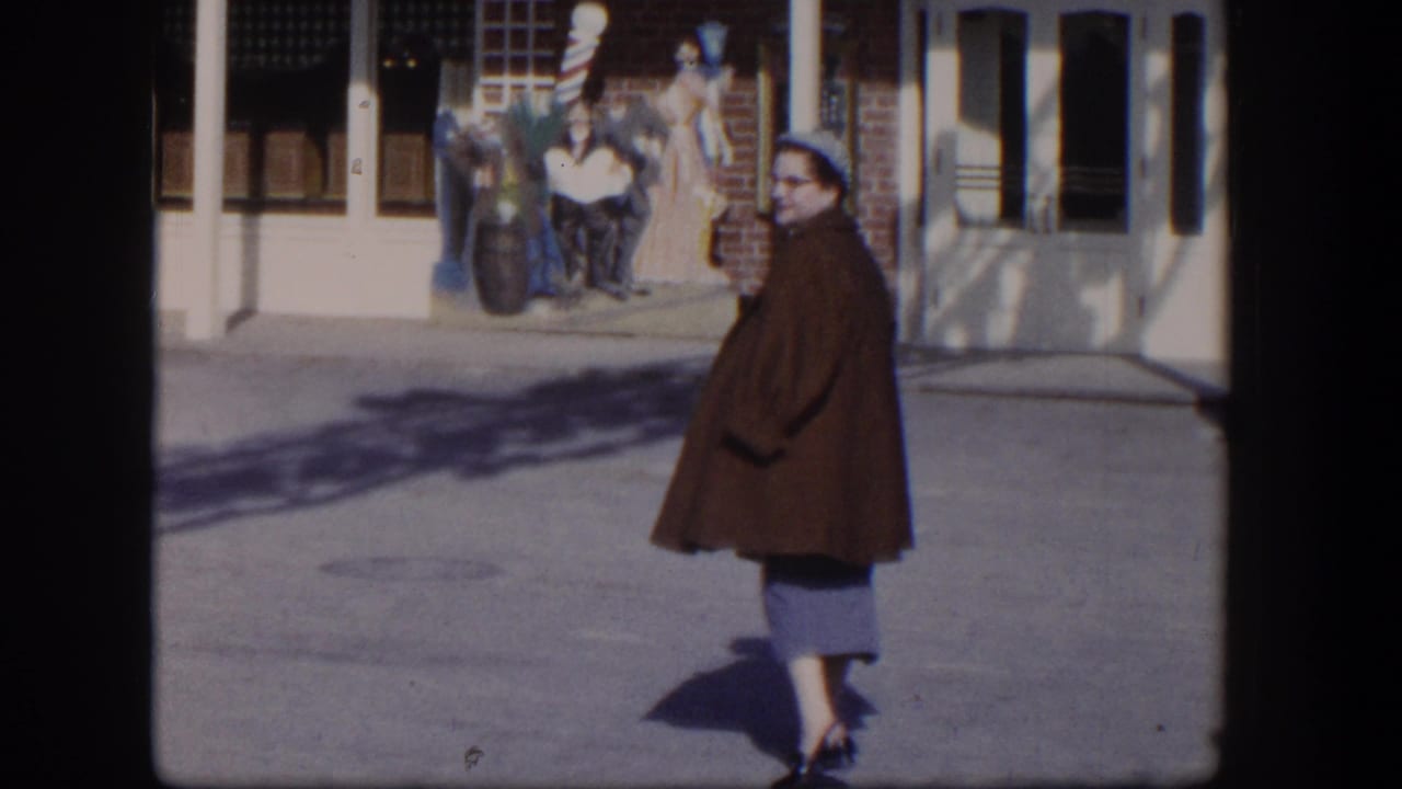 Woman in a brown coat continues across the sidewalk near storefront windows.