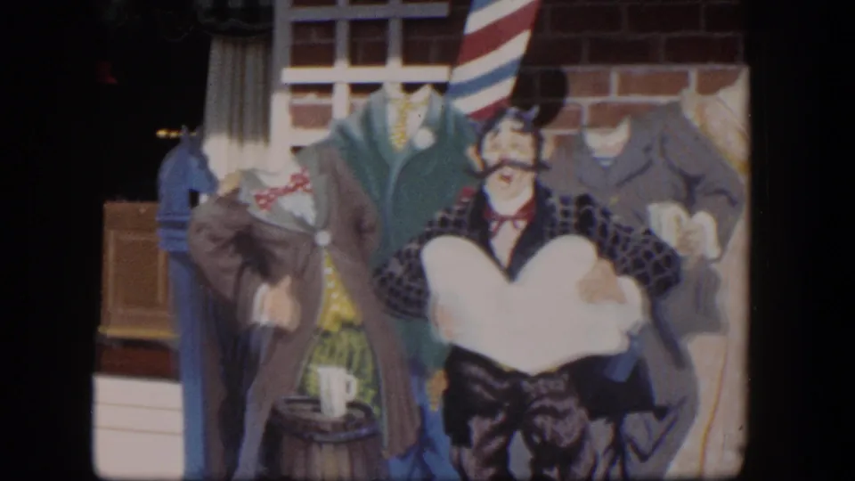 A closer 1954 Las Vegas view centers on the barber-themed mural, showing painted figures, clothing, brickwork, and storefront trim.