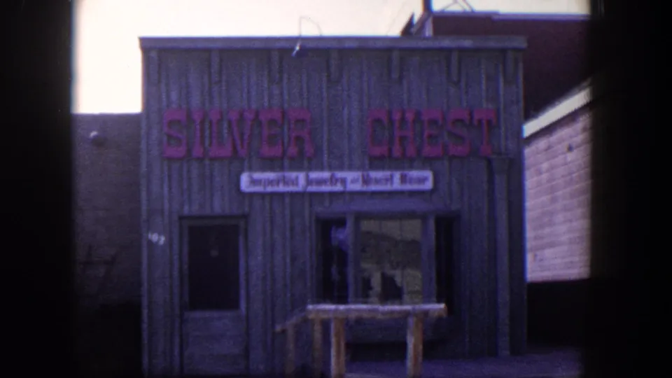 1954 Las Vegas storefront view showing large red SILVER CHEST lettering on a wooden facade with a display window below.