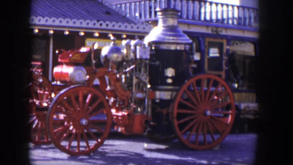 Final frame of the red steam fire engine display outside the Las Vegas Believe It or Not! museum, with signage partly visible.